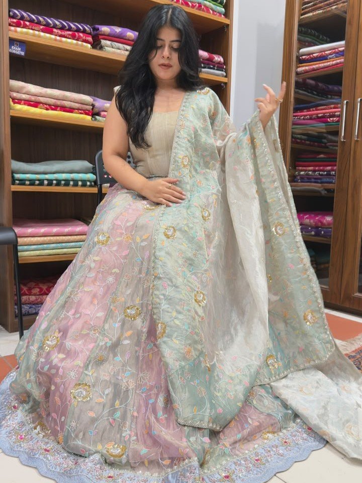 Pure Tissue Silk Banarasi Lehenga with Resham Embroidery and Tiikri Work