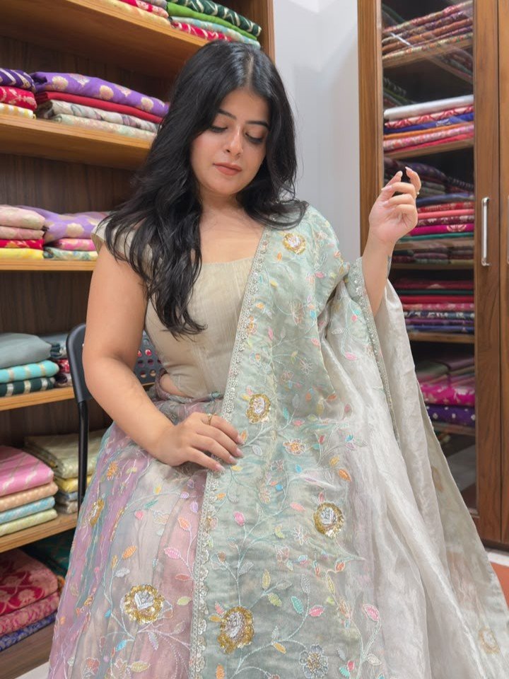 Pure Tissue Silk Banarasi Lehenga with Resham Embroidery and Tiikri Work