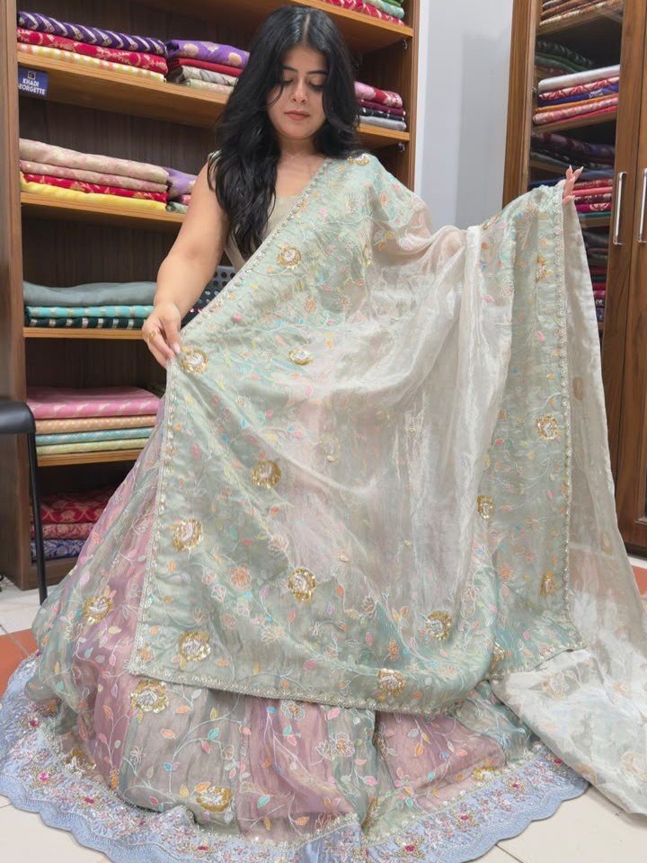 Pure Tissue Silk Banarasi Lehenga with Resham Embroidery and Tiikri Work