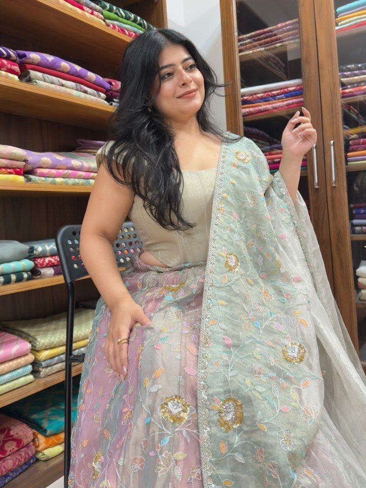 Pure Tissue Silk Banarasi Lehenga with Resham Embroidery and Tiikri Work
