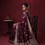 Premium handwoven Kataan Silk Banarasi saree in wine colour with beautiful zari motif work, intricate zari border and detailed pallu