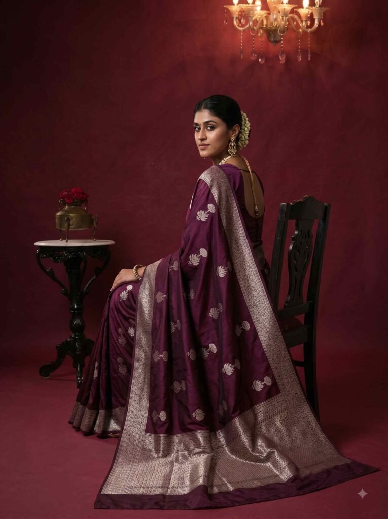Premium handwoven Kataan Silk Banarasi saree in wine colour with beautiful zari motif work, intricate zari border and detailed pallu