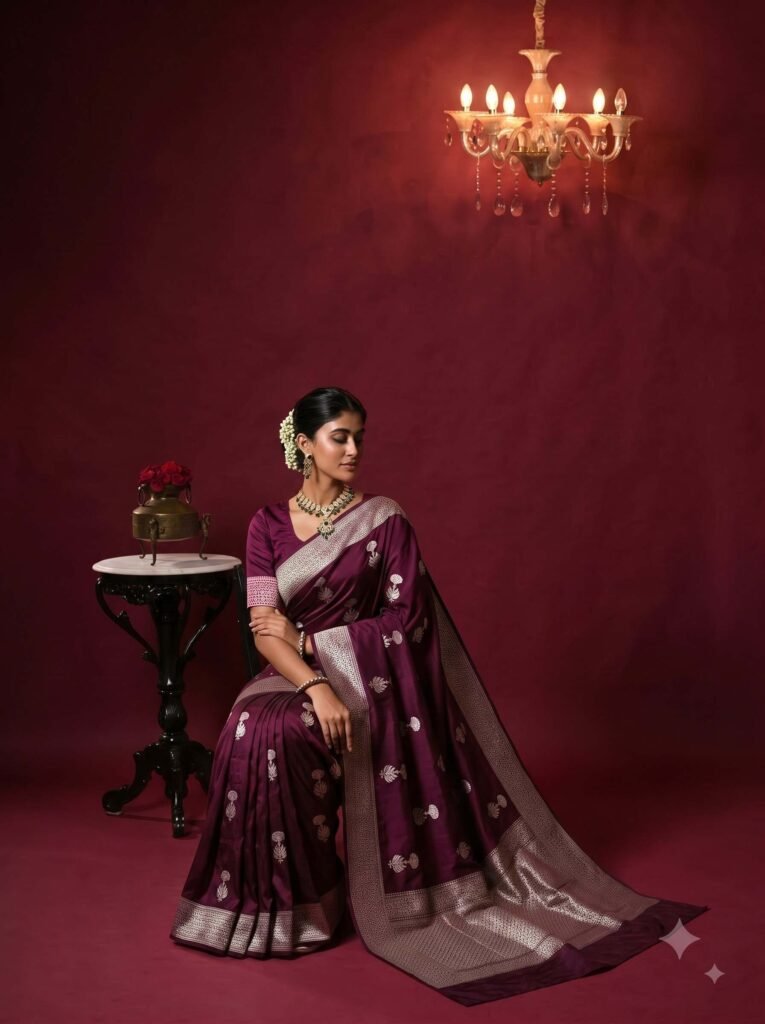 Premium handwoven Kataan Silk Banarasi saree in wine colour with beautiful zari motif work, intricate zari border and detailed pallu