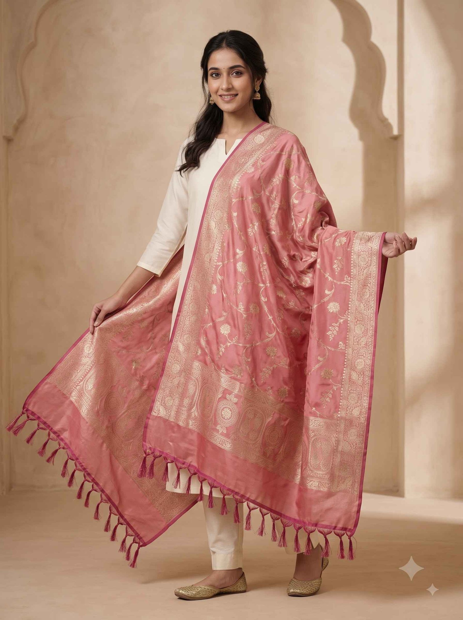 Baby Pink Semi Kataan Silk Banarasi Dupatta