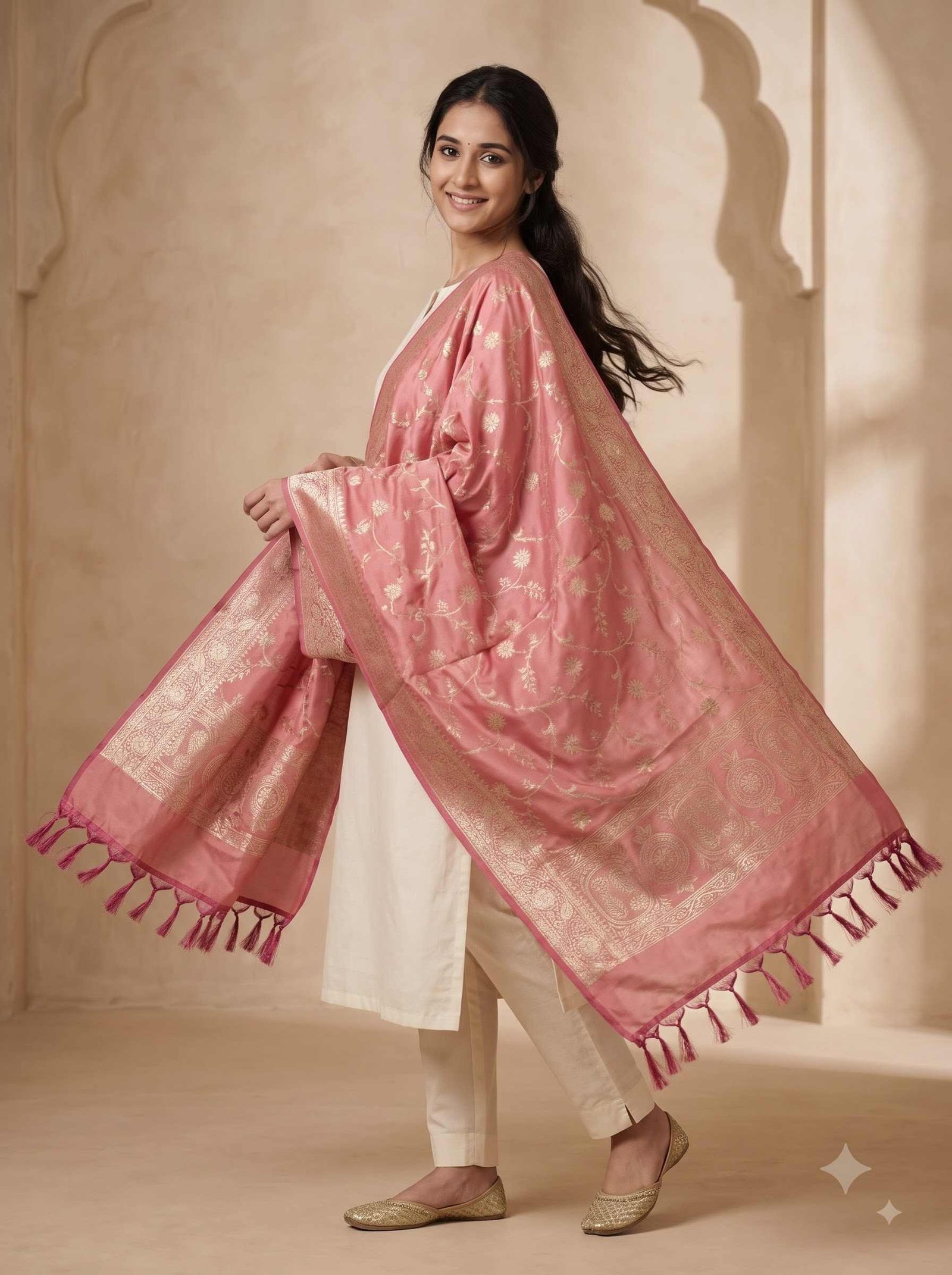 Baby Pink Semi Kataan Silk Banarasi Dupatta
