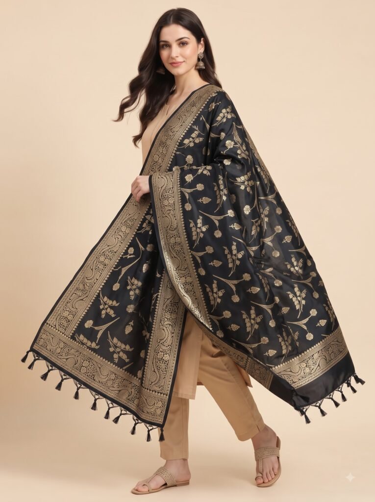 Premium black Semi Kataan Silk Banarasi dupatta featuring golden zari floral jaal motifs, an ornate woven border and decorative tassels.