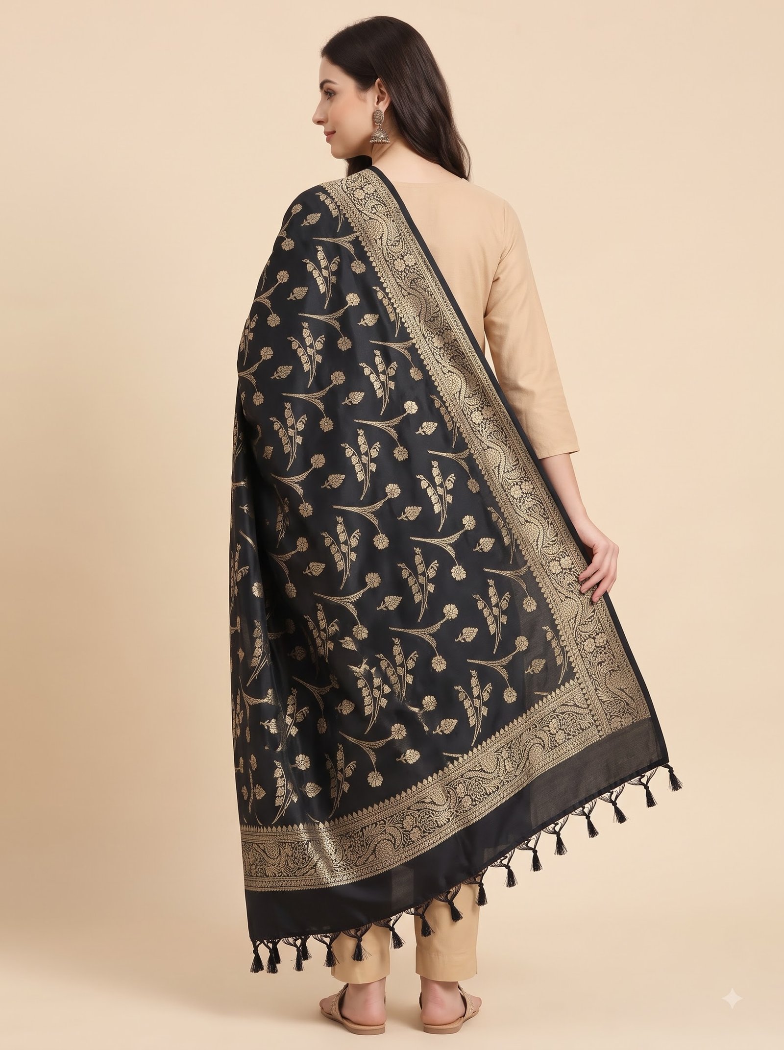 Black Semi Kataan Silk Banarasi Dupatta