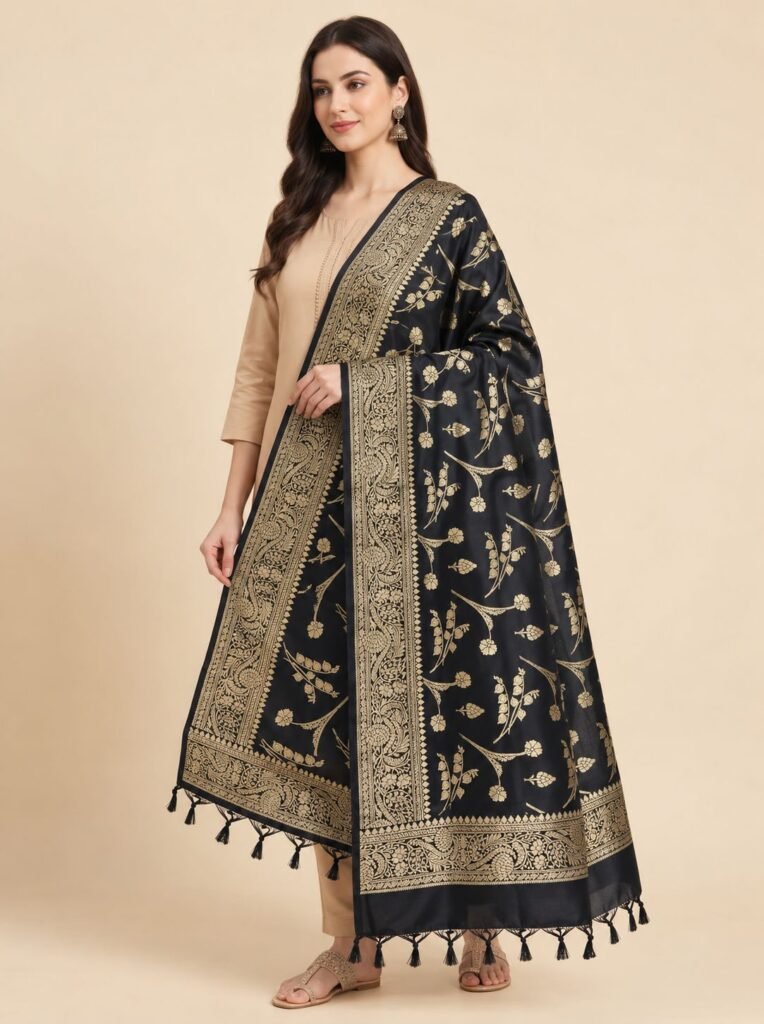 Premium black Semi Kataan Silk Banarasi dupatta featuring golden zari floral jaal motifs, an ornate woven border and decorative tassels.