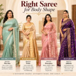 Petite woman wearing a lightweight Banarasi saree with a clean drape