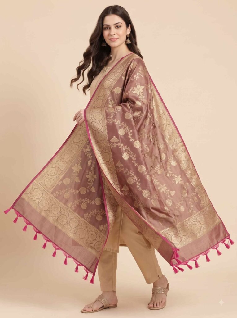 Premium chiku Semi Kataan Silk Banarasi dupatta with golden zari floral jaal work, an ornate woven border and contrasting pink tassels.