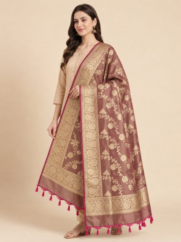 Premium chiku Semi Kataan Silk Banarasi dupatta with golden zari floral jaal work, an ornate woven border and contrasting pink tassels.