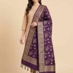Premium deep purple Semi Kataan Silk Banarasi dupatta with golden zari floral jaal motifs, an intricate woven border and decorative tassels.