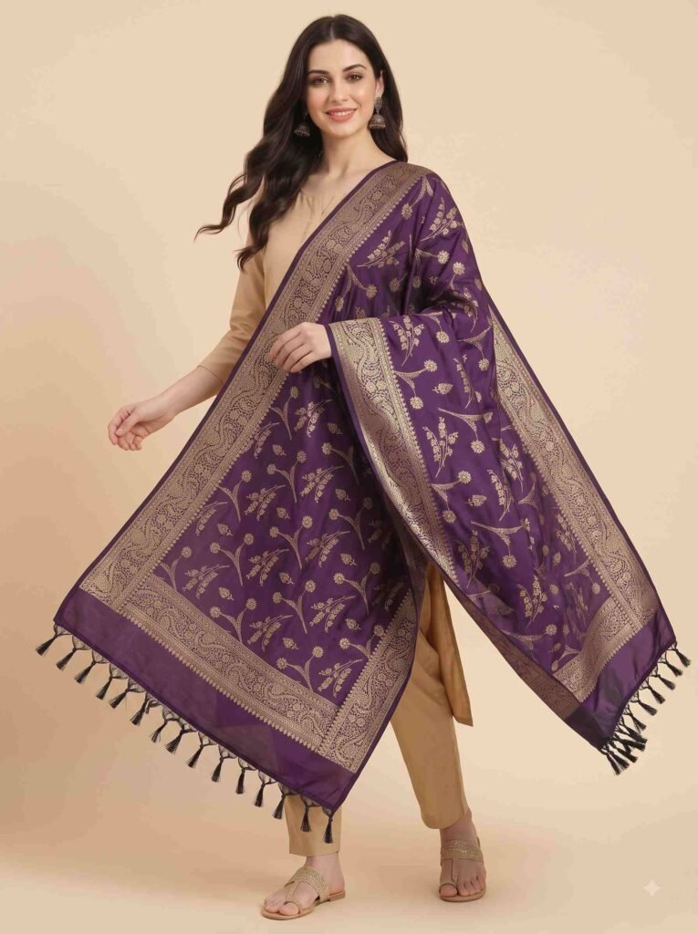 Premium deep purple Semi Kataan Silk Banarasi dupatta with golden zari floral jaal motifs, an intricate woven border and decorative tassels.