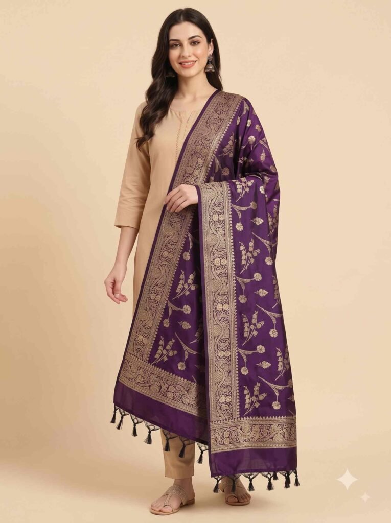 Premium deep purple Semi Kataan Silk Banarasi dupatta with golden zari floral jaal motifs, an intricate woven border and decorative tassels.