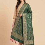 Premium green Semi Kataan Silk Banarasi dupatta featuring golden zari floral jaal work, an ornate woven border and pink tassels.