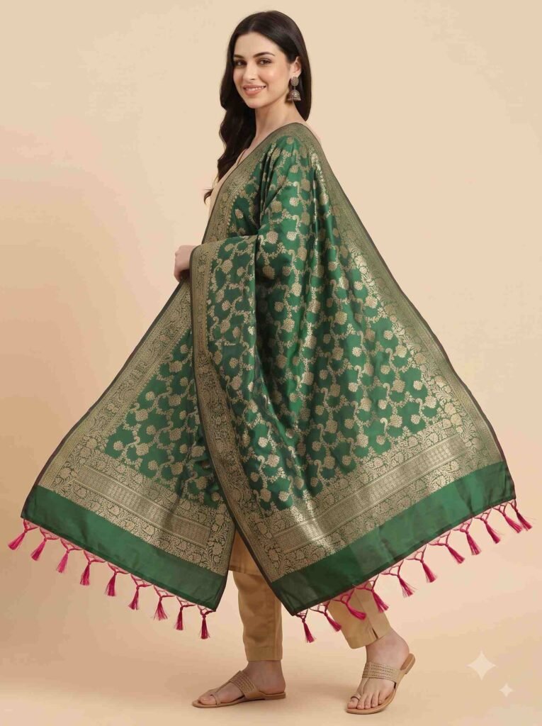 Premium green Semi Kataan Silk Banarasi dupatta featuring golden zari floral jaal work, an ornate woven border and pink tassels.