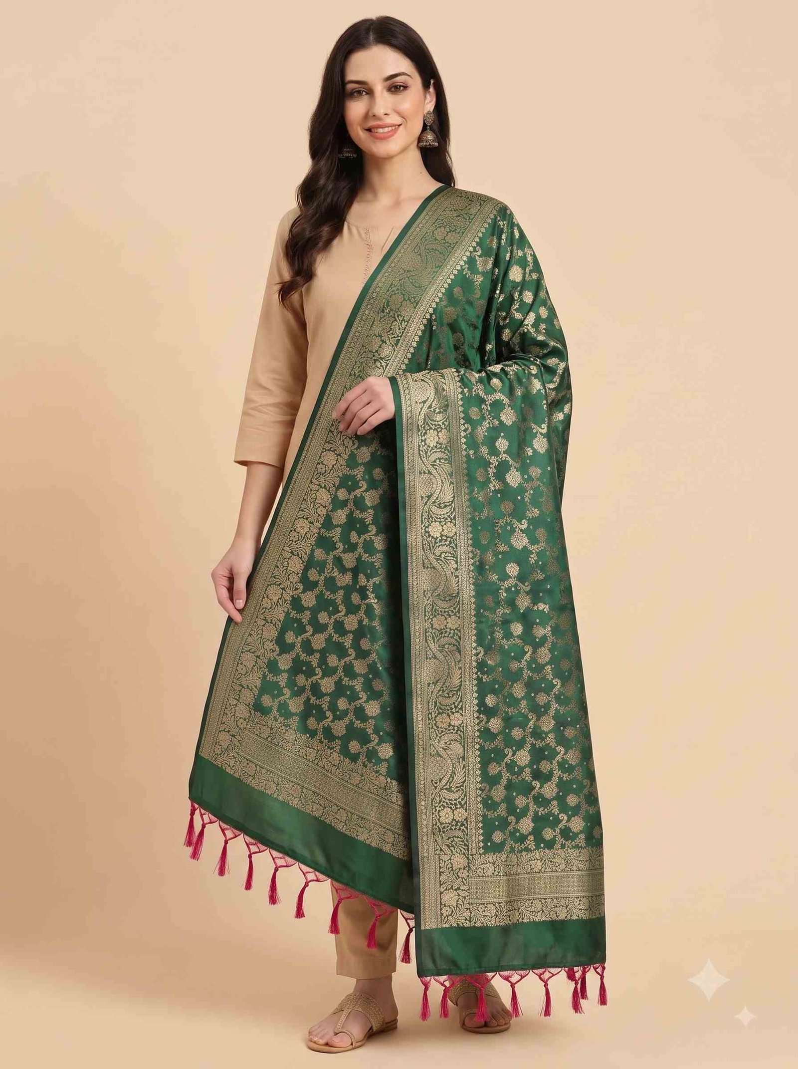 Green Semi Kataan Silk Banarasi Dupatta