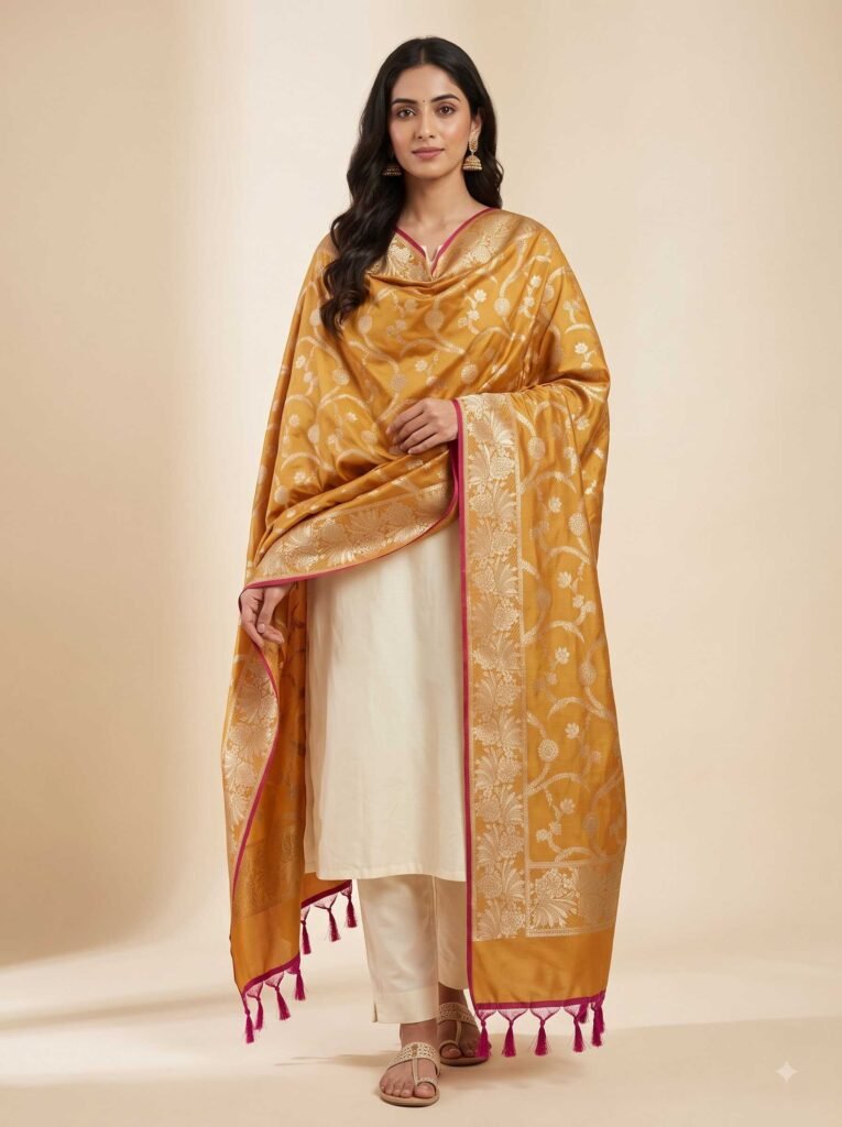 Premium mustard Semi Kataan Silk Banarasi dupatta featuring golden zari floral jaal work, an ornate zari border, pink edging and decorative tassels.