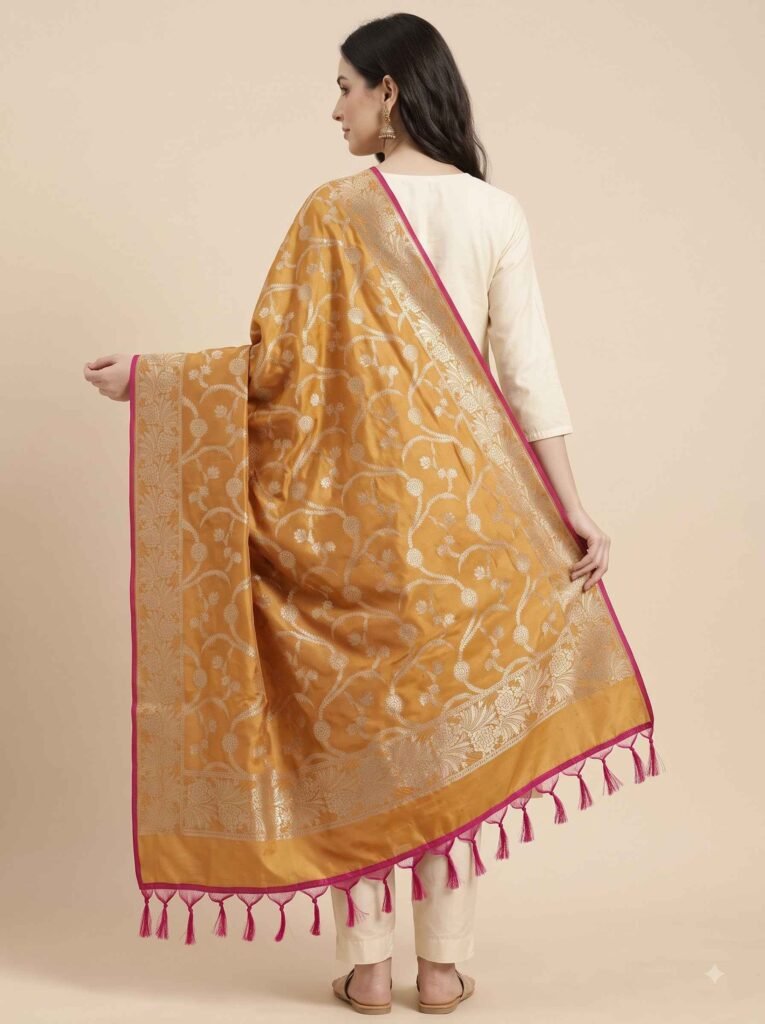 Premium mustard Semi Kataan Silk Banarasi dupatta featuring golden zari floral jaal work, an ornate zari border, pink edging and decorative tassels.