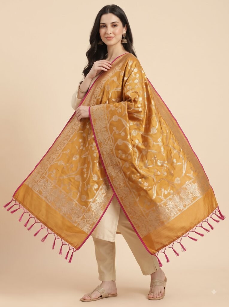 Mustard Semi Kataan Silk Banarasi Dupatta