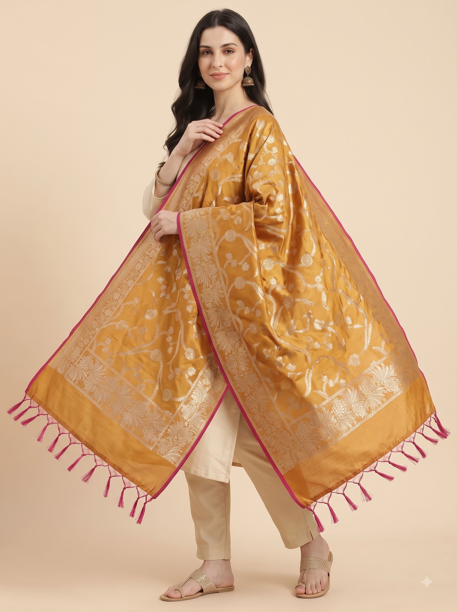 Mustard Semi Kataan Silk Banarasi Dupatta