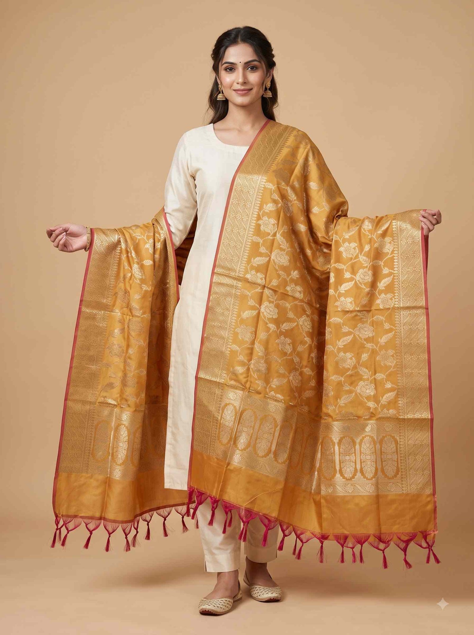 Mustard Semi Kataan Silk Banarasi Dupatta