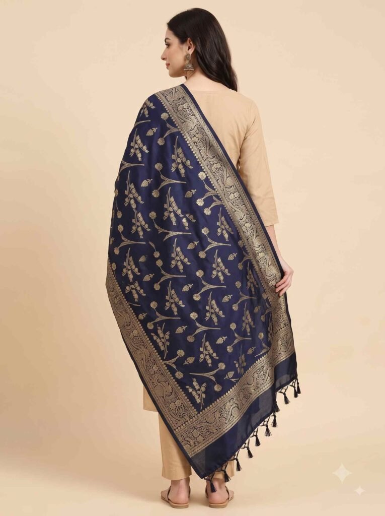 Premium navy blue Semi Kataan Silk Banarasi dupatta with golden zari floral jaal motifs, an intricate woven border and decorative tassels.