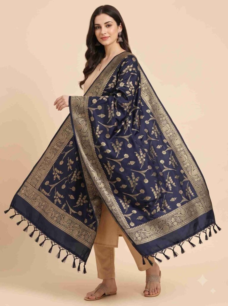 Premium navy blue Semi Kataan Silk Banarasi dupatta with golden zari floral jaal motifs, an intricate woven border and decorative tassels.
