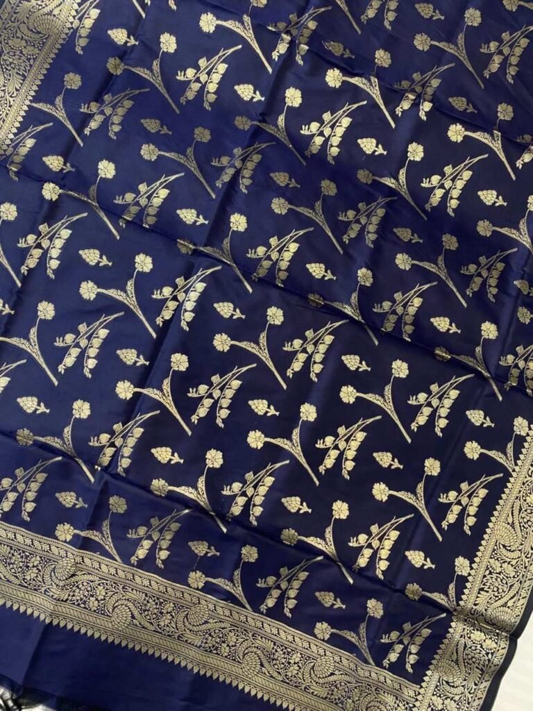 Navy Blue Semi Kataan Silk Banarasi Dupatta