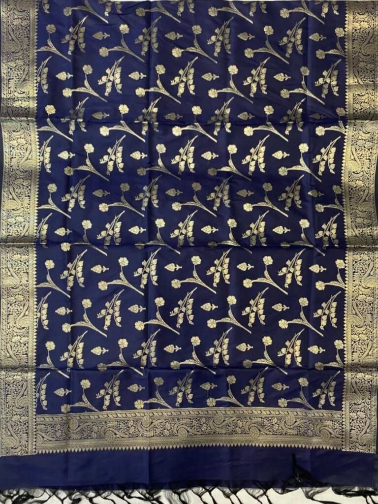 Navy Blue Semi Kataan Silk Banarasi Dupatta