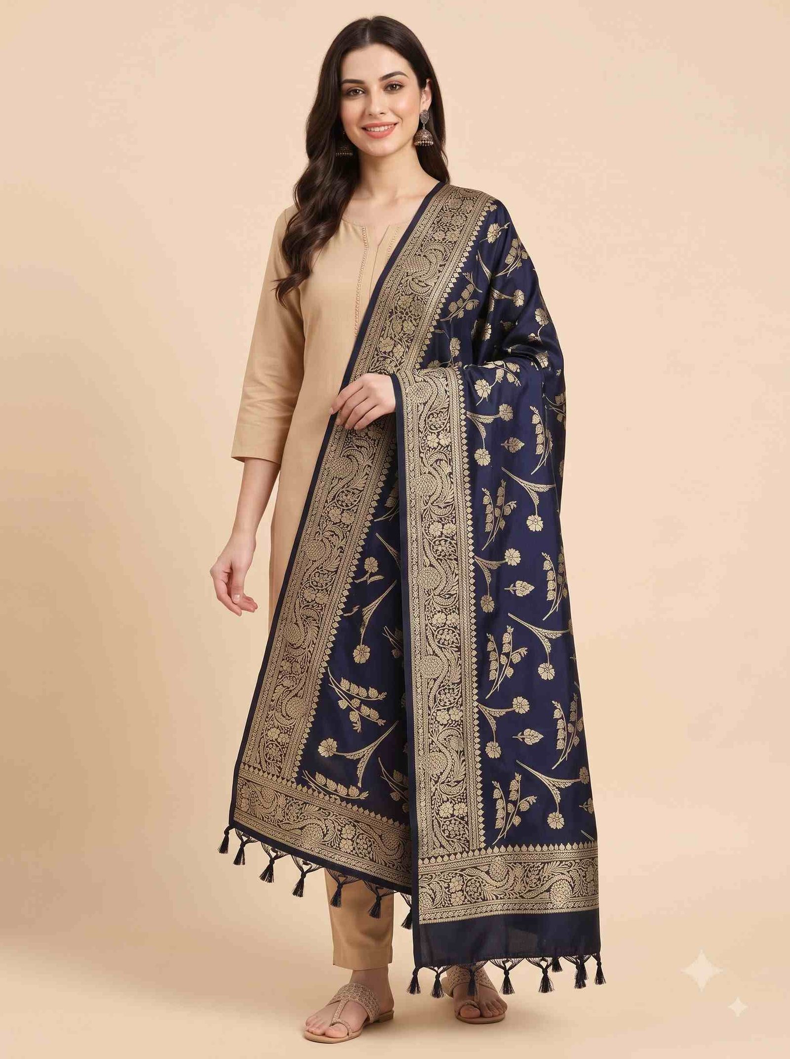 Navy Blue Semi Kataan Silk Banarasi Dupatta