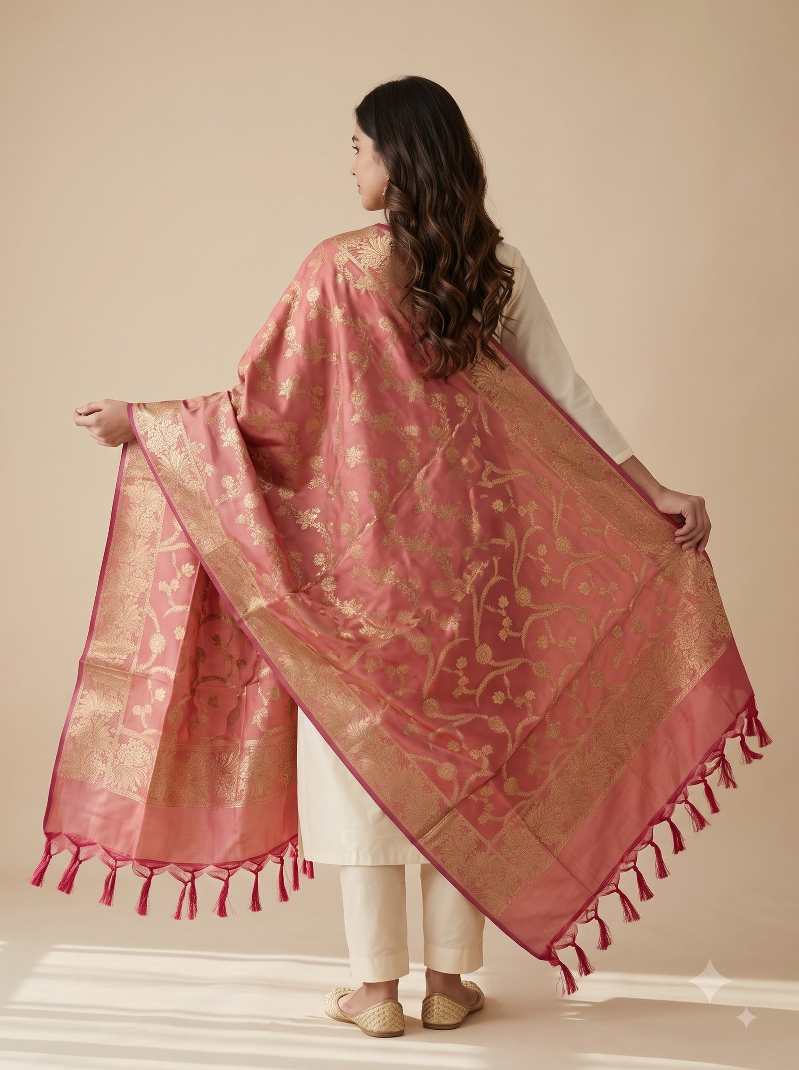 Peach Semi Kataan Silk Banarasi Dupatta