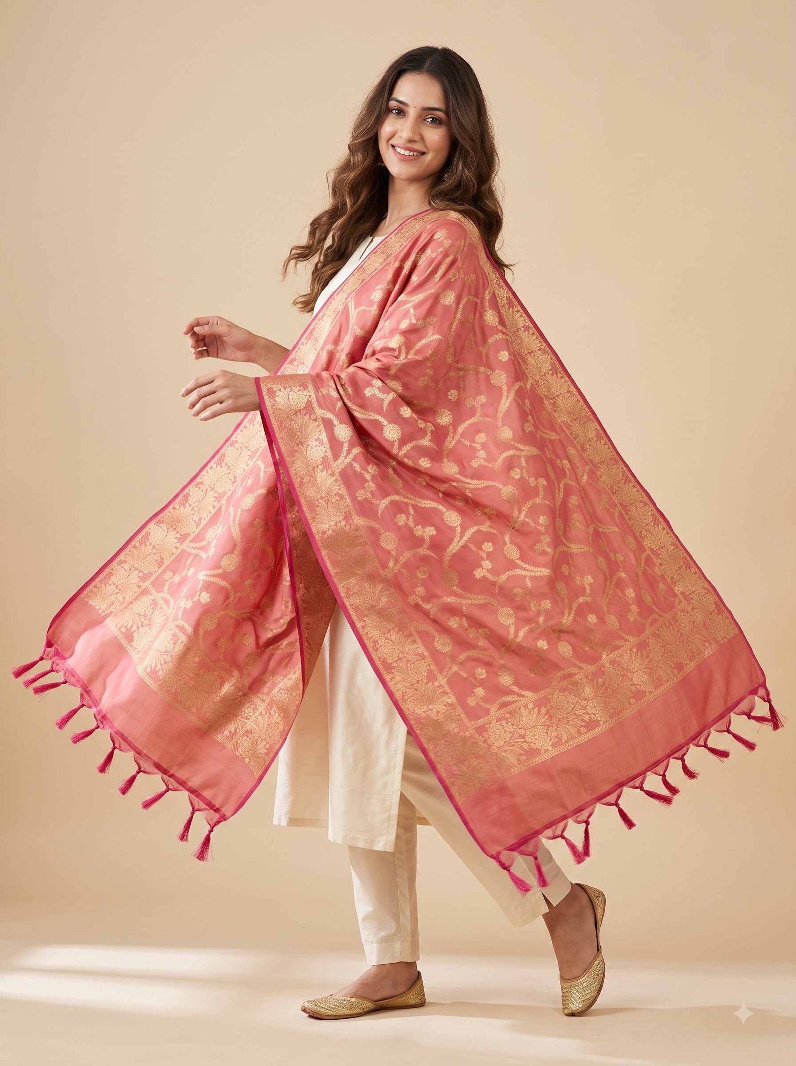 Peach Semi Kataan Silk Banarasi Dupatta