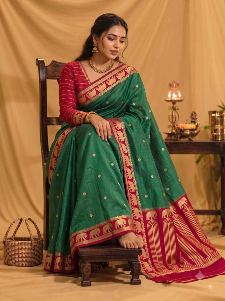 Premium green Banarasi saree with golden zari buti motifs, magenta border, traditional elephant designs and geometric pallu.