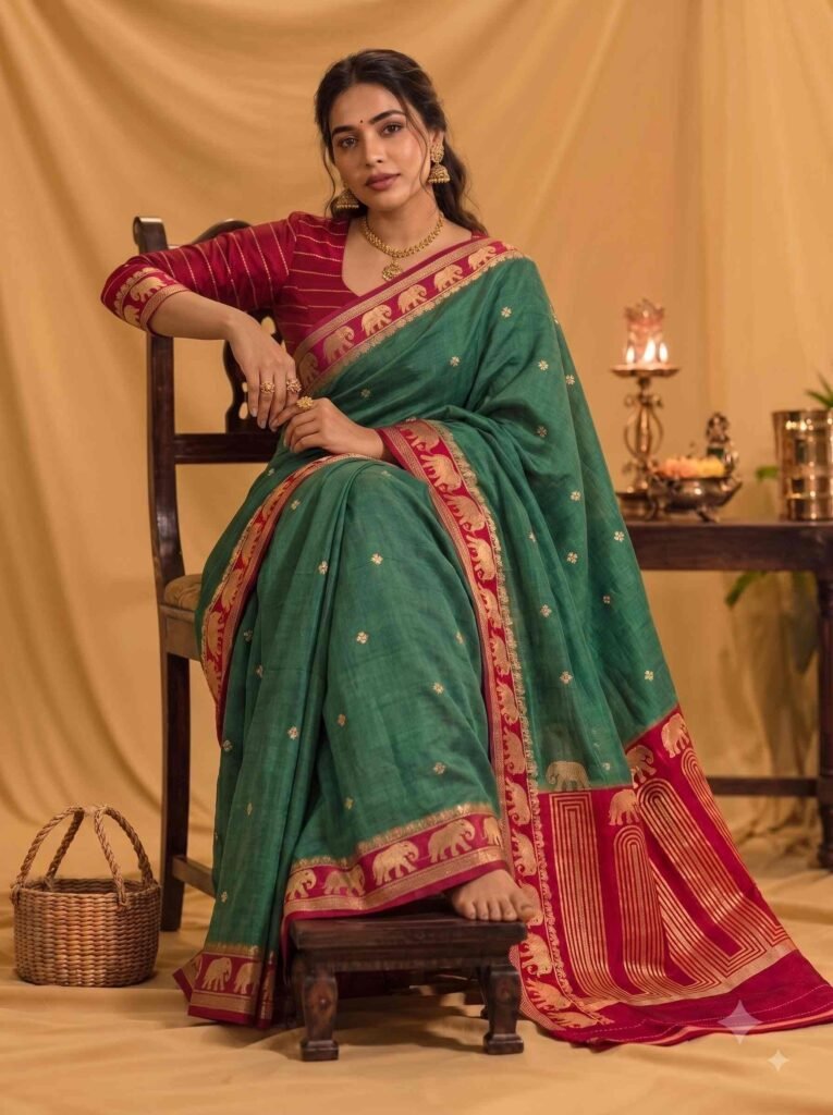 Premium green Banarasi saree with golden zari buti motifs, magenta border, traditional elephant designs and geometric pallu.