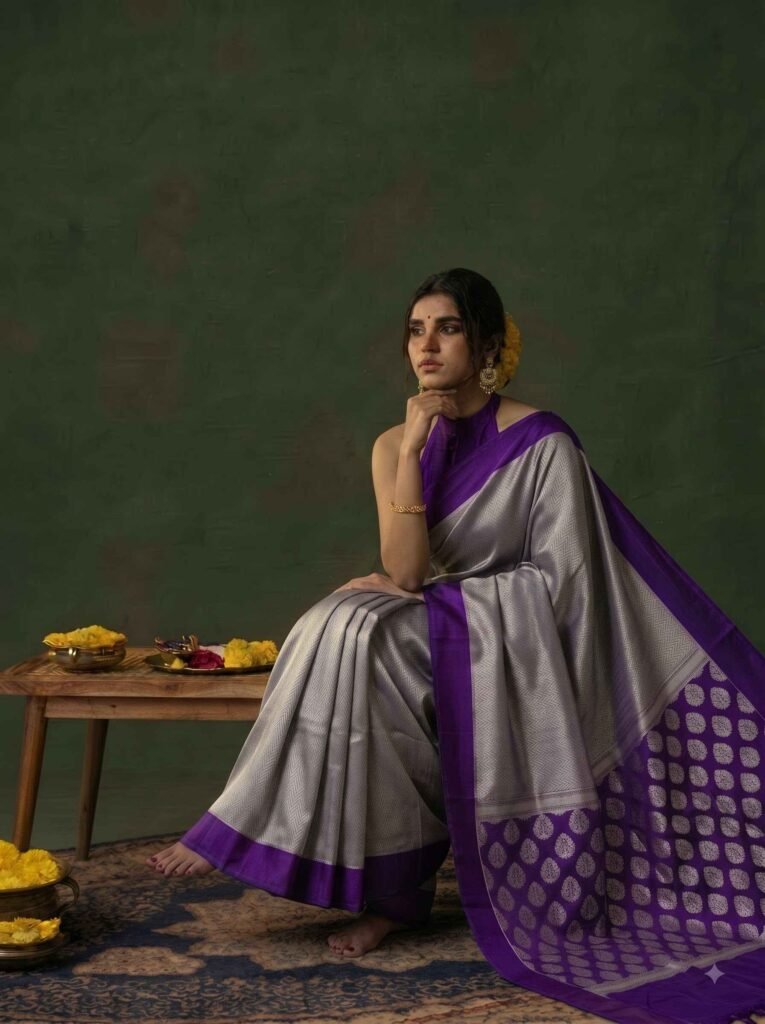 Premium tissue silk pure Banarasi saree in silver grey with zigzag zari pattern, purple Chiniya border and silver zari motifs on pallu