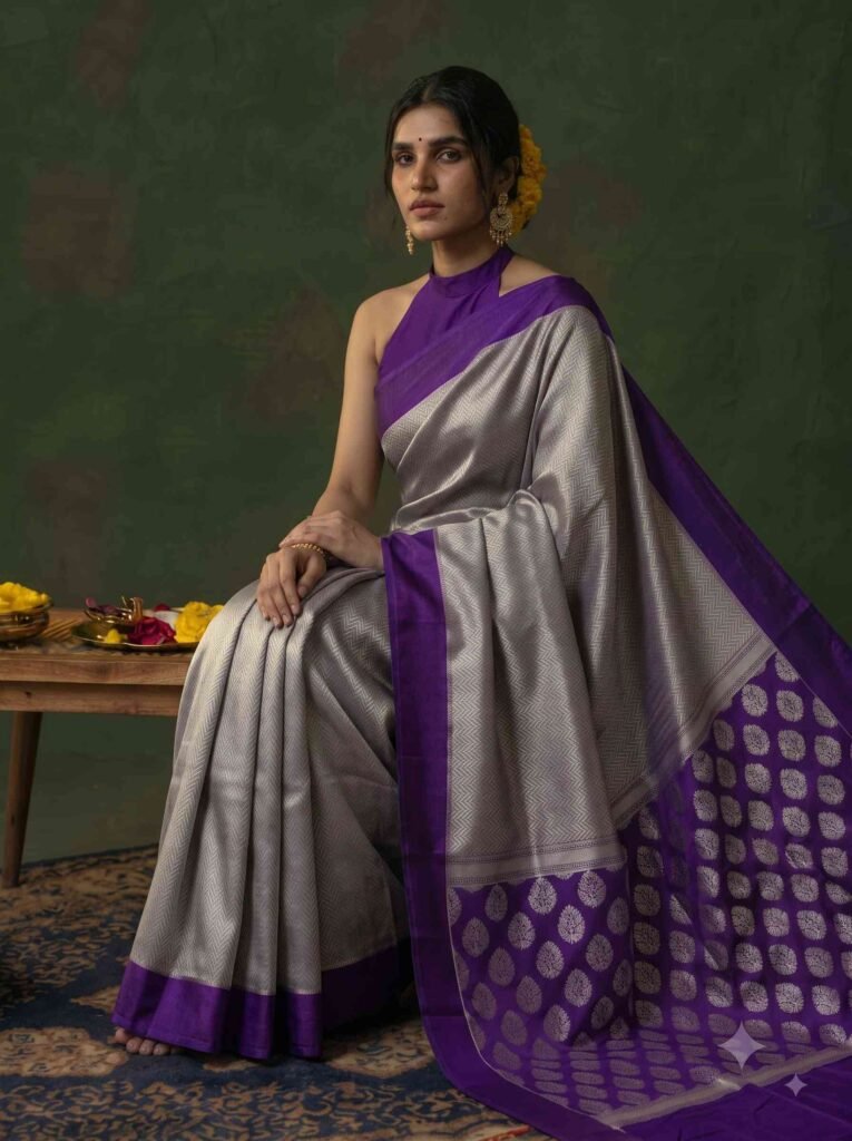 Premium tissue silk pure Banarasi saree in silver grey with zigzag zari pattern, purple Chiniya border and silver zari motifs on pallu