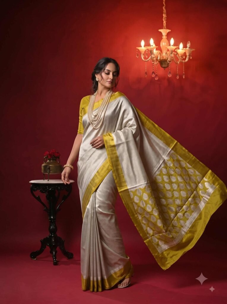 Premium tissue silk pure Banarasi saree with zigzag zari pattern and Chiniya olive gold border and detailed zari pallu