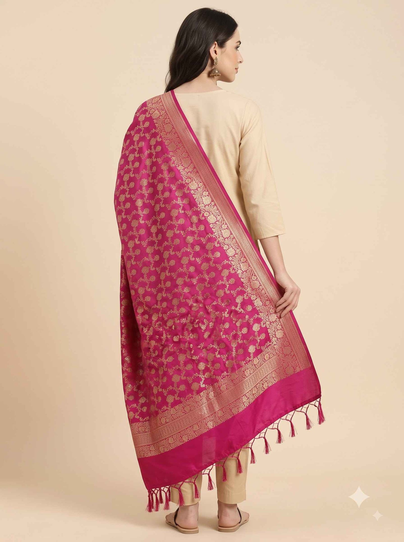 Rani Pink Semi Kataan Silk Banarasi Dupatta