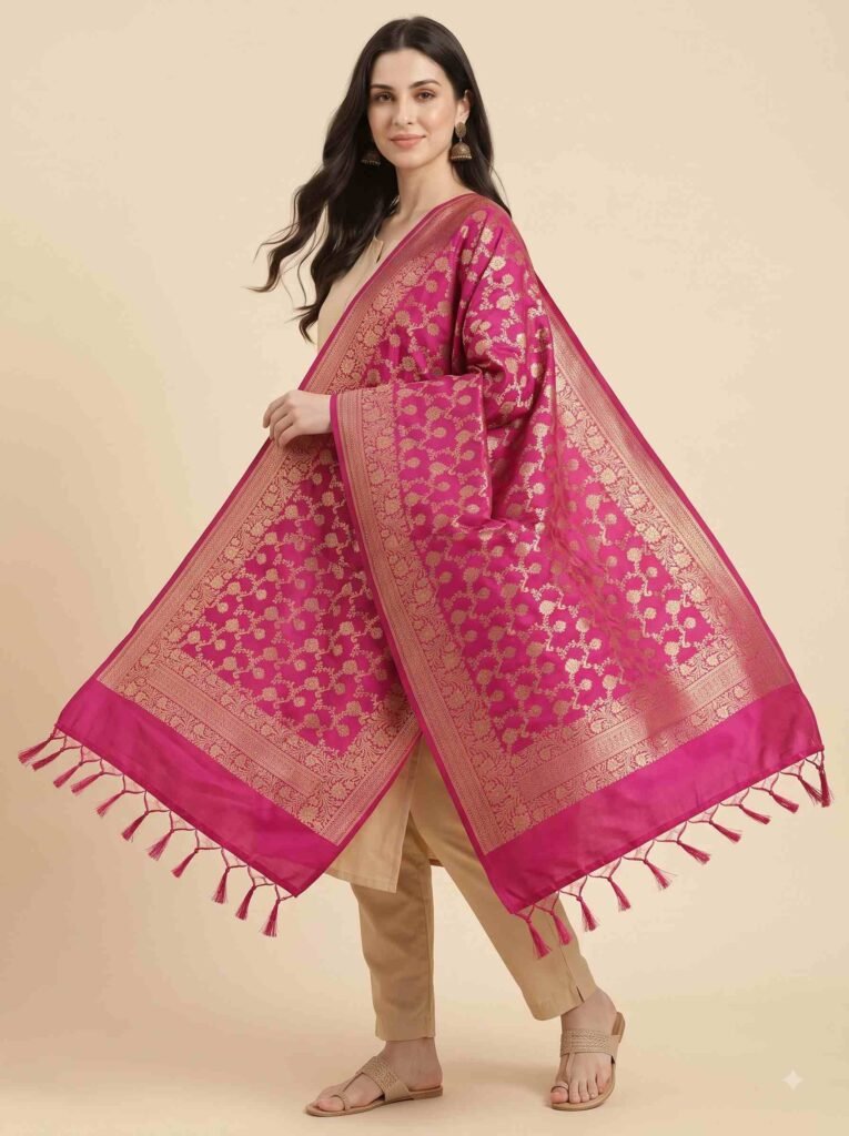 Premium rani pink Semi Kataan Silk Banarasi dupatta with all-over golden zari floral jaal work, an ornate zari border and matching pink tassels.