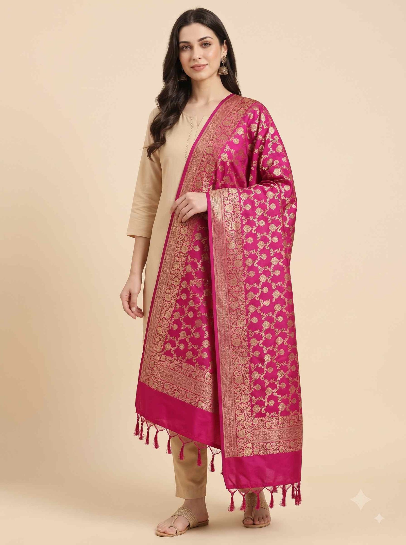 Rani Pink Semi Kataan Silk Banarasi Dupatta