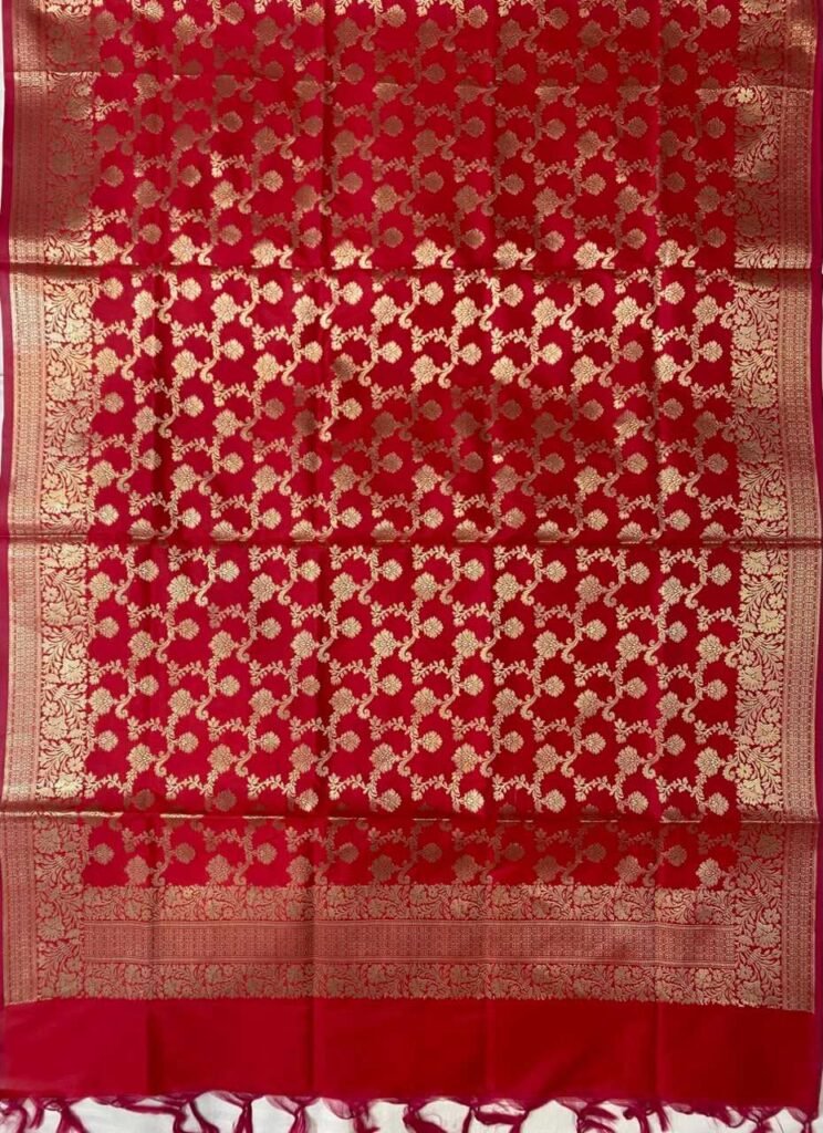 Red Semi Kataan Silk Banarasi Dupatta