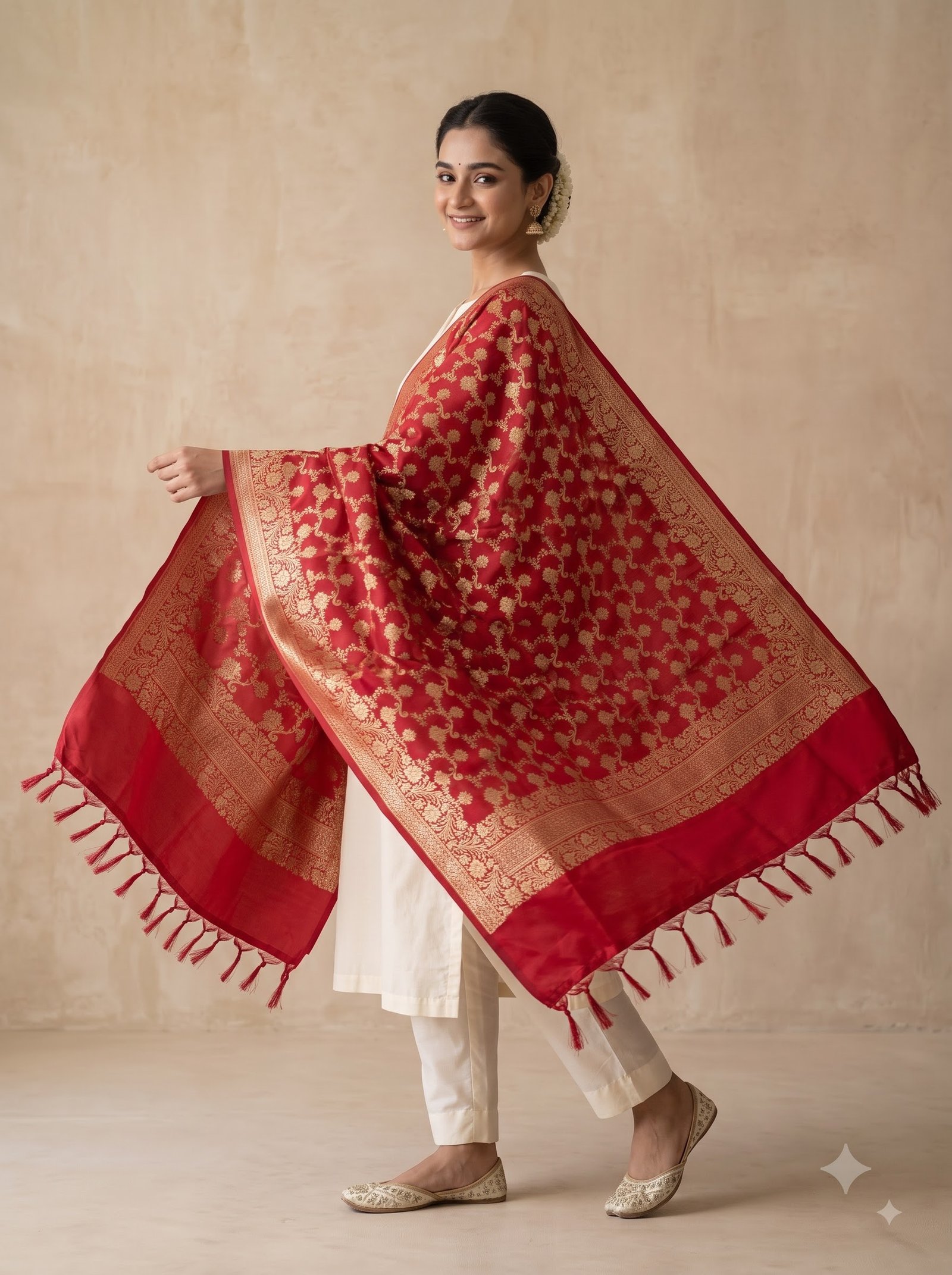 Red Semi Kataan Silk Banarasi Dupatta