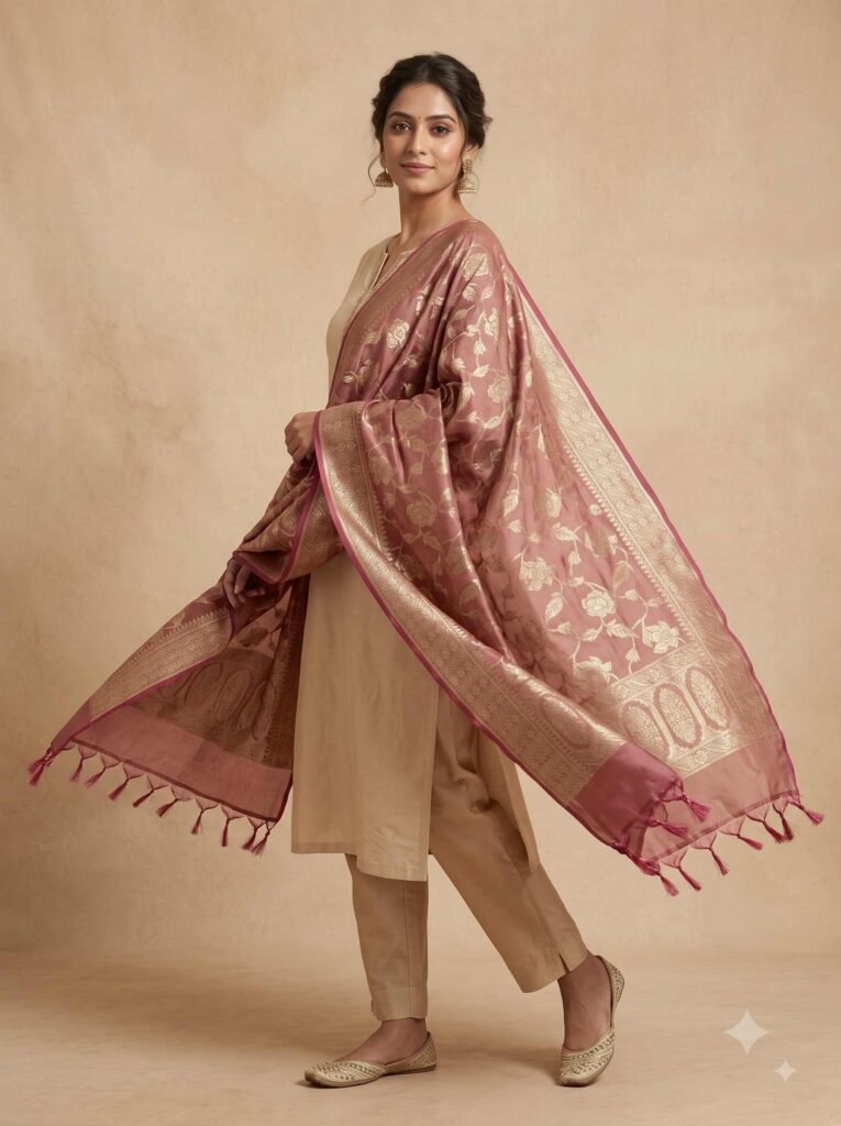 Premium rose pink Semi Kataan Silk Banarasi dupatta featuring golden zari floral jaal work, an ornate zari border and pink tassels.