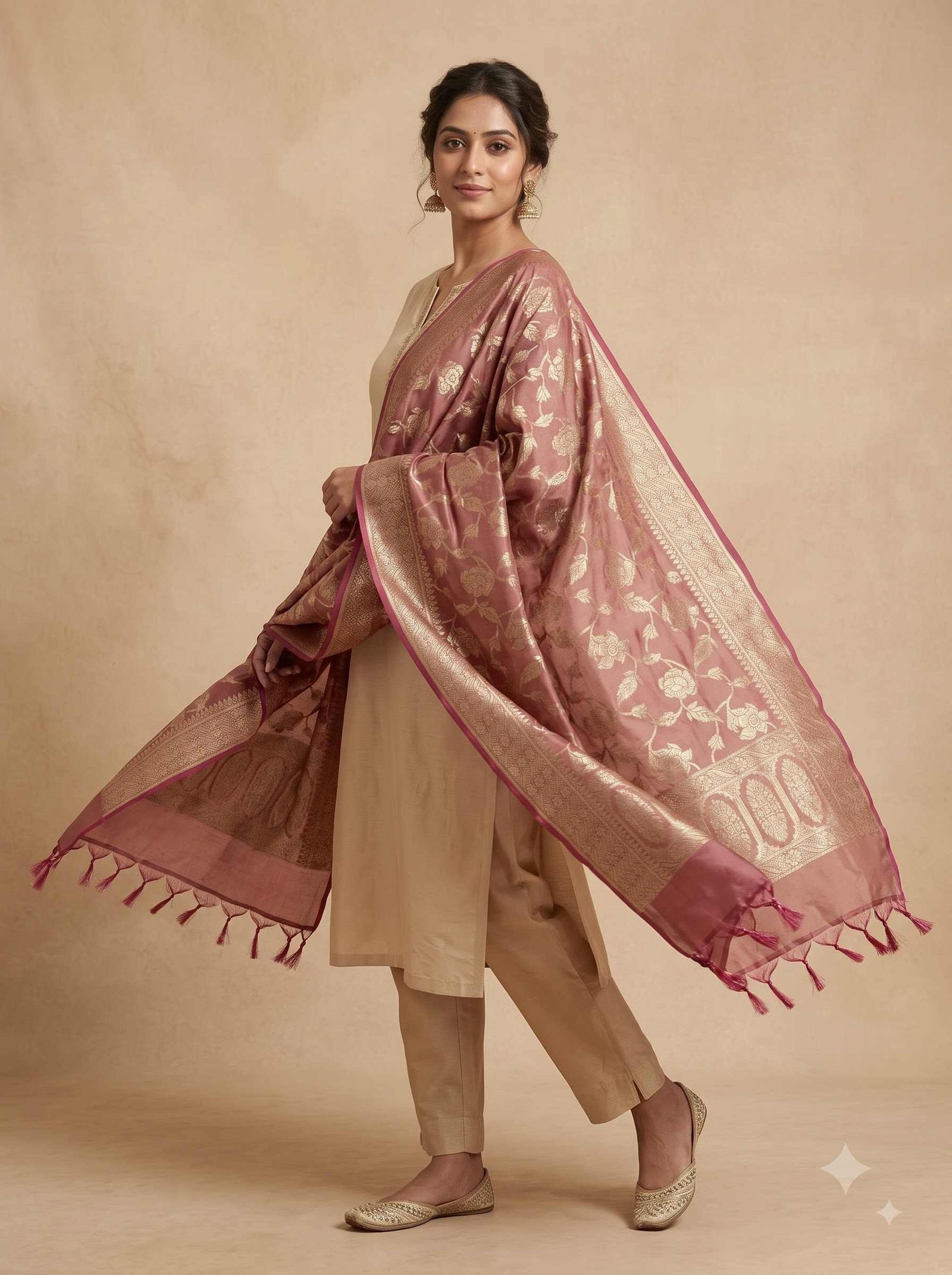 Rose Pink Semi Kataan Silk Banarasi Dupatta