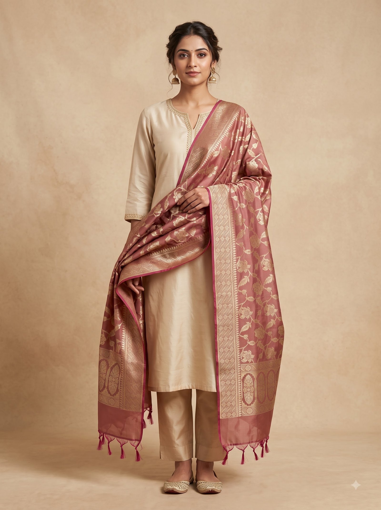 Rose Pink Semi Kataan Silk Banarasi Dupatta