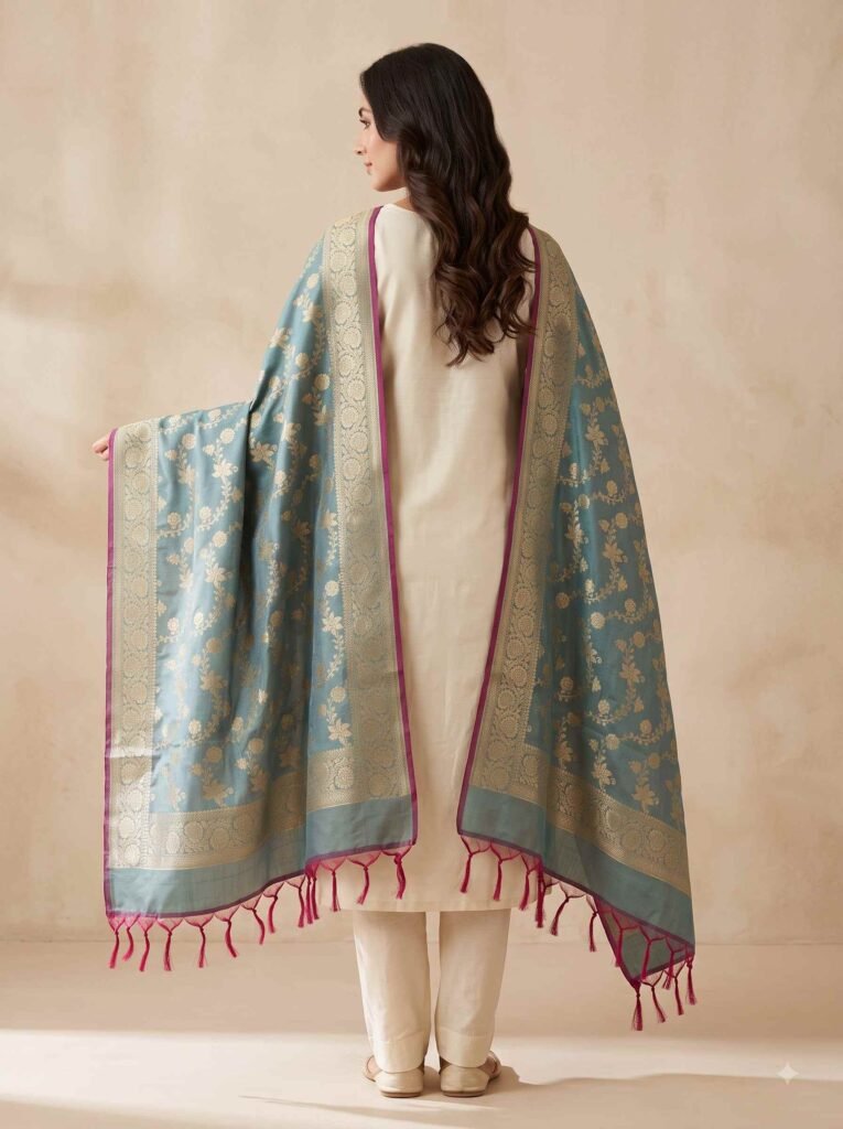 i need seo optimized product description for website to a given referance image - Premium banarasi dupatta with golden zari floral floral jaal work .