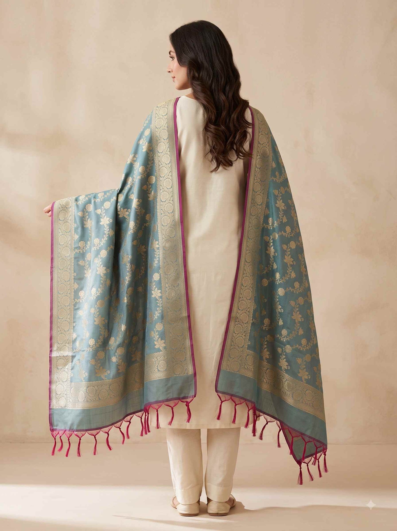 Sea Green Semi Kataan Silk Banarasi Dupatta