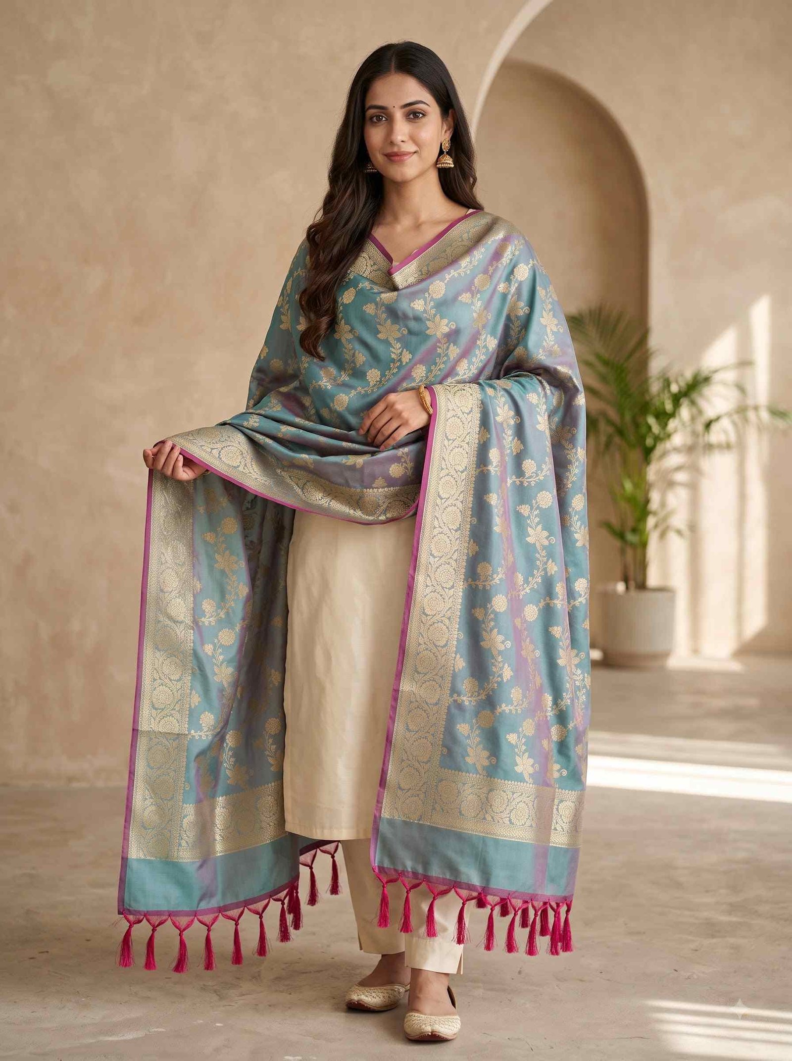 Sea Green Semi Kataan Silk Banarasi Dupatta
