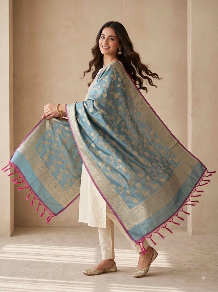 i need seo optimized product description for website to a given referance image - Premium banarasi dupatta with golden zari floral floral jaal work .